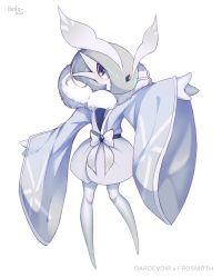 Rule 34 | 1girl, absurdres, antennae, arm up, arthropod girl, artist name, barefoot, bellavoirr, blue bow, blue eyes, blue kimono, blue theme, blush, bob cut, bow, character name, clothed pokemon, colored skin, creatures (company), crystal, dated, english text, female focus, flat chest, frosmoth, full body, fur collar, fusion, game freak, gardevoir, gen 3 pokemon, gen 8 pokemon, grey hair, grey skin, hair ornament, hair over one eye, highres, insect girl, japanese clothes, kimono, long sleeves, looking at viewer, moth girl, nintendo, outstretched arms, pokemon, pokemon (creature), shiny skin, short hair, signature, simple background, slit pupils, solo, standing, white background, wide sleeves
