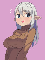 Rule 34 | 1girl, :d, blue eyes, breasts, brown sweater, earrings, grey hair, hair between eyes, highres, jewelry, large breasts, long hair, long sleeves, looking at viewer, open mouth, original, pink background, pointy ears, ribbed sweater, saiste, simple background, single earring, smile, solo, sweater, turtleneck, turtleneck sweater, upper body