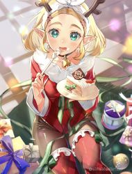 Rule 34 | 1girl, aqua eyes, bell, black pantyhose, blonde hair, blurry, blurry background, blush, box, breasts, cake, cameo, chocolate, christmas, christmas ornaments, collar, commentary, cowboy shot, cream, cream on face, eating, eyelashes, fake antlers, food, food on face, fork, fruit, gift, gift box, green ribbon, hairband, highres, holding, holding fork, holding plate, hyrule warriors: age of calamity, leotard, looking at viewer, medium breasts, neck bell, nintendo, open mouth, pantyhose, parted bangs, plaid, plaid legwear, plate, pointy ears, princess zelda, red leotard, red thighhighs, ribbon, rug, santa costume, short hair, shuri (84k), solo, strawberry, symbol-only commentary, terrako, the legend of zelda, the legend of zelda: breath of the wild, the legend of zelda: tears of the kingdom, thick eyebrows, thighhighs, thighhighs over pantyhose, twitter username