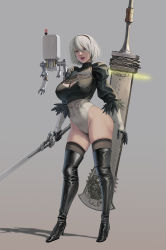 Rule 34 | 1girl, black footwear, black gloves, black hairband, black shirt, blue eyes, boots, breasts, chain, commentary, covered erect nipples, english commentary, feather-trimmed sleeves, floating, floating object, floating sword, floating weapon, full body, gloves, grey background, hair between eyes, hairband, high heel boots, high heels, highleg, highleg leotard, highres, holding, holding sword, holding weapon, jeneral, juliet sleeves, katana, large breasts, leotard, lips, long sleeves, looking at viewer, mole, mole under mouth, nier (series), nier:automata, no blindfold, open mouth, pod (nier:automata), puffy sleeves, shadow, shirt, short hair, silver hair, simple background, standing, sword, teeth, thigh boots, thighhighs, two-tone gloves, upper teeth only, weapon, white gloves, white leotard, 2b (nier:automata)