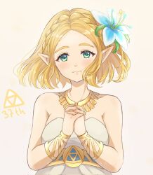 Rule 34 | 1girl, anniversary, armpit crease, bare shoulders, blonde hair, blue flower, braid, closed mouth, commentary, crown braid, dress, english commentary, eyelashes, flower, green eyes, hair flower, hair ornament, highres, nintendo, own hands clasped, own hands together, pointy ears, princess zelda, safermii, short hair, simple background, smile, solo, strapless, strapless dress, the legend of zelda, the legend of zelda: breath of the wild, upper body, white background, white dress