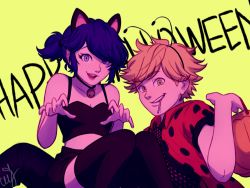 Rule 34 | 1boy, 1girl, adrien agreste, animal ears, antennae, basket, bell, blue hair, breasts, camisole, candy, cat ears, ceejles, cleavage, collar, fake animal ears, food, green eyes, hairband, happy halloween, highres, jingle bell, lollipop, marinette dupain-cheng, miniskirt, miraculous ladybug, orange hair, purple eyes, signature, skirt, small breasts, thighhighs, twintails