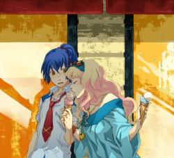 Rule 34 | 00s, 1boy, 1girl, blouse, blue shirt, collared shirt, dating, day, food, heart, heart necklace, ice cream, ice cream cone, jewelry, macross, macross frontier, necklace, necktie, saotome alto, school uniform, sheryl nome, shirt, surprised, wavy hair, white shirt