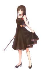 Rule 34 | 10s, 1girl, absurdres, akagi (kancolle), alternate costume, asakawa shinka, bad id, bad pixiv id, bare shoulders, black dress, black hair, blush, bow, bow (music), breasts, brown eyes, cleavage, clothes lift, collarbone, dress, flower, full body, hair between eyes, high heels, highres, instrument, kantai collection, long hair, red flower, red rose, rose, simple background, skirt, skirt lift, sleeveless, smile, solo, straight hair, violin, white background