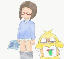 Rule 34 | 100 percent pascal-sensei, 1boy, 1girl, angry, black eyes, black hair, blush, cleft of venus, clothes pull, game console, glasses, hamigaki, handheld game console, holding, ijuuin kirari, long sleeves, looking at viewer, nintendo 3ds, panties, pants, pants pull, panty pull, pascal-sensei, pussy, red-framed eyewear, semi-rimless eyewear, shirt, short hair, simple background, standing, sweater, uncensored, under-rim eyewear, underwear, white background