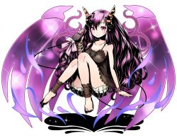 Rule 34 | 1girl, ankle cuffs, arm support, barefoot, black shirt, blush, breasts, cleavage, collarbone, divine gate, feet, full body, grey shorts, hair between eyes, hair ornament, highres, holding, horns, long hair, medium breasts, nail polish, pink nails, purple hair, purple wings, red eyes, shadow, shirt, short shorts, shorts, simple background, sitting, sleeveless, sleeveless shirt, smile, solo, toenail polish, toenails, ucmm, very long hair, white background, wings, wrist cuffs