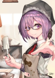 Rule 34 | 1girl, apron, blush, breasts, chocolate, chocolate on hand, commentary request, fate/grand order, fate (series), food on hand, fou (fate), from side, hair over one eye, highres, indoors, jjjehuty, kitchen, looking at viewer, mash kyrielight, medium breasts, necktie, pink apron, purple eyes, purple hair, red necktie, short hair, signature, sketch, smile, solo, valentine