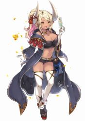 Rule 34 | 1girl, :d, alternate costume, black robe, black shorts, blonde hair, blush, boots, breasts, card, cleavage, collarbone, dark-skinned female, dark skin, dated, draph, elbow gloves, fang, full body, gloves, gourd, granblue fantasy, horns, kumbhira (granblue fantasy), large breasts, long hair, looking at viewer, midriff, navel, open mouth, pilokey, pointy ears, ponytail, robe, short shorts, shorts, signature, simple background, smile, solo, tarot, thighhighs, white background, white gloves, white thighhighs, yellow eyes