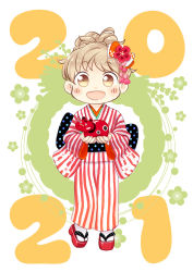 Rule 34 | 1girl, 2021, :d, blush stickers, bow, brown eyes, brown hair, commentary request, flower, full body, hair bow, hair flower, hair ornament, hinata yuu, holding, japanese clothes, kimono, long sleeves, looking at viewer, new year, obi, okobo, open mouth, original, sandals, sash, smile, socks, solo, standing, striped clothes, striped kimono, white background, white socks, wide sleeves