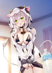 Rule 34 | 1girl, absurdres, animal costume, animal print, bell, black bra, blush, bottle, bra, breasts, breath, cleavage, cow costume, cow print, cow tail, cowbell, curtains, green eyes, hair between eyes, highres, hololive, large breasts, looking at viewer, milk, milk bottle, navel, no pants, open clothes, rei (rei&#039;s room), shirogane noel, short hair, silver hair, solo, tail, underwear, virtual youtuber, window