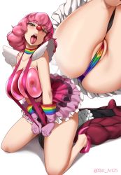 Rule 34 | 1boy, 1girl, absurdres, ace attorney, artist name, balloon, breasts, bulge, cameltoe, clown, clown nose, dress, erection, erection under clothes, face in ass, formal, frilled dress, frills, geiru toneido, gloves, highres, pussy, miles edgeworth, panties, pink hair, red nose, small breasts, suit, suspenders, tagme, tongue, tongue out, underwear, white background, xkit