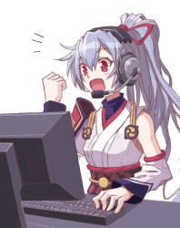 Rule 34 | 1girl, fate/grand order, fate (series), graphite (medium), grey hair, hair ribbon, headphones, japanese clothes, kotentsu, open mouth, playing games, ponytail, red eyes, ribbon, smile, solo, tomoe gozen (fate), traditional media
