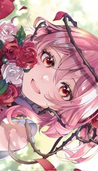 Rule 34 | 1girl, blurry, blurry background, blush, bouquet, brown eyes, dress, flower, gradient clothes, highres, medium hair, multicolored clothes, multicolored eyes, nijisanji, nijisanji en, pink eyes, pink hair, red dress, red flower, red rose, red shirt, rose, rosemi lovelock, rosemi lovelock (1st costume), shirt, short sidetail, shunka tunacan, smile, solo, thorns, virtual youtuber, white flower, white rose, white shirt