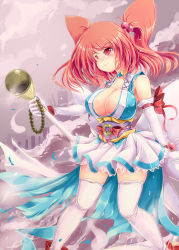 Rule 34 | 1girl, adapted costume, bare shoulders, blush, breasts, cleavage, cleavage cutout, clothing cutout, death angel komachi, female focus, hair bobbles, hair ornament, highres, hitodama, ichirino minagi, large breasts, long hair, magical girl, onozuka komachi, red eyes, red hair, shiny skin, solo, standing, thighhighs, touhou, twintails, two side up, white thighhighs
