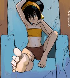 Rule 34 | arm up, armpits, artist name, avatar: the last airbender, avatar legends, bandeau, bare shoulders, barefoot, black hair, breasts, brown background, brown skirt, closed mouth, collarbone, commentary, dated, english commentary, feet, foot focus, foreshortening, hair up, hairband, hand on own chin, knee up, long bangs, midriff, navel, on chair, one eye closed, sidelocks, signature, sitting, skirt, small breasts, small hips, smirk, solo, sooperman, throne, toes, toph bei fong, white eyes, yellow bandeau, yellow hairband