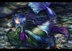 Rule 34 | 1girl, arm support, blue eyes, blue hair, commentary, drill hair, fins, floral print, frilled kimono, frills, green kimono, hair between eyes, head fins, head tilt, highres, japanese clothes, kimono, letterboxed, light smile, looking at viewer, looking back, lying, mermaid, monster girl, obi, on stomach, own hands together, partially submerged, rock, sash, short hair, short kimono, solo, stream, touhou, wakasagihime, zhu xiang