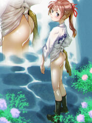 Rule 34 | 1girl, ass, boots, fundoshi, japanese clothes, looking at viewer, looking back, original, ribbon, soon (c-u-soon), water, wedgie