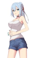 Rule 34 | 1girl, :o, aqua eyes, aqua nails, bare arms, bare shoulders, black choker, blue hair, breasts, camisole, choker, cowboy shot, denim, denim shorts, elfenlied22, expressionless, hair between eyes, hair ribbon, highres, large breasts, long hair, looking at viewer, nail polish, open mouth, original, own hands together, ponytail, red ribbon, ribbon, shorts, simple background, solo, steepled fingers, white background, white camisole