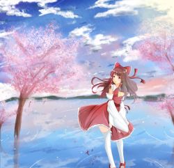 Rule 34 | 1girl, absurdres, ascot, bad id, bad pixiv id, bare shoulders, blouse, blush, bow, brown hair, cherry blossoms, cloud, cloudy sky, day, detached sleeves, hair bow, hair tubes, hakurei reimu, highres, korean text, long hair, looking away, open mouth, red eyes, ripples, septet (zrca janne), shirt, shoes, skirt, skirt set, sky, solo, standing, standing on liquid, thighhighs, touhou, uwabaki, water, wide sleeves, wind