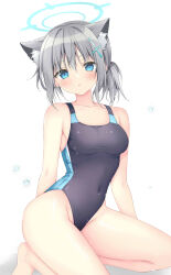 Rule 34 | 1girl, absurdres, animal ear fluff, animal ears, barefoot, black one-piece swimsuit, blue archive, blue eyes, blush, breasts, collarbone, competition swimsuit, covered navel, cross hair ornament, extra ears, grey hair, hair ornament, halo, highleg, highleg swimsuit, highres, kneeling, korie riko, low ponytail, medium breasts, medium hair, mismatched pupils, multicolored clothes, multicolored swimsuit, one-piece swimsuit, shiroko (blue archive), shiroko (swimsuit) (blue archive), simple background, solo, swimsuit, thighs, white background, wolf ears