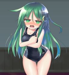 Rule 34 | 1girl, black one-piece swimsuit, blush, breasts, collarbone, covering privates, covering breasts, cowboy shot, crescent, crescent hair ornament, embarrassed, green eyes, green hair, hair between eyes, hair ornament, highres, indoors, kantai collection, long hair, looking at viewer, nagatsuki (kancolle), one-piece swimsuit, open mouth, pink background, school swimsuit, small breasts, solo, swimsuit, white background, yuuji (itadon)