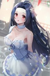 Rule 34 | 1girl, :o, absurdres, ahoge, blue hair, blurry, blurry background, blush, breasts, choker, cleavage, collarbone, dark blue hair, dress, forehead, highres, idolmaster, idolmaster (classic), idolmaster million live!, large breasts, lens flare, long hair, looking at viewer, miura azusa, parted bangs, snowflake ornament, solo, straight hair, very long hair, white choker, white dress, yurancoco