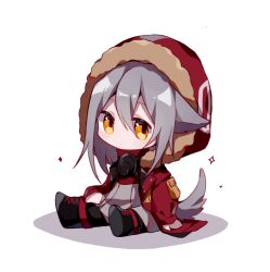 Rule 34 | 1girl, animal ears, animated, animated gif, arknights, arm support, black footwear, blinking, blush, boots, chibi, chinese commentary, closed mouth, commentary, ear wiggle, fur-trimmed hood, fur trim, grey hair, grey shirt, hair between eyes, hood, hood up, hooded jacket, jacket, long hair, looking at viewer, motion lines, open clothes, open jacket, projekt red (arknights), red jacket, shijiediyi, shirt, simple background, sitting, solo, sparkle, tail, tail wagging, white background, wolf ears, wolf girl, wolf tail, yellow eyes