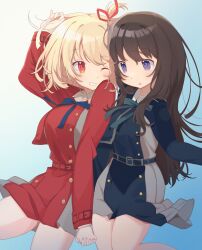 Rule 34 | 2girls, :o, absurdres, belt, black hair, blonde hair, blue background, blue belt, blue dress, blush, bob cut, collared shirt, dress, eye contact, gradient background, grey dress, grin, hair ribbon, highres, holding hands, inoue takina, interlocked fingers, long hair, long sleeves, looking at another, lycoris recoil, lycoris uniform, multiple girls, nishikigi chisato, one eye closed, one side up, pleated dress, purple eyes, red dress, red eyes, red ribbon, ribbon, shiramacu, shirt, short hair, smile, twirling hair, two-tone dress, white hair, white shirt, yuri