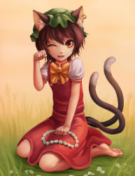 Rule 34 | 1girl, ;d, animal ears, barefoot, bow, bowtie, brown eyes, brown hair, cat ears, cat girl, cat tail, chen, dress, earrings, artistic error, fang, full body, hat, head wreath, jewelry, kneeling, looking at viewer, mob cap, multiple tails, nekomata, one eye closed, open mouth, paw pose, puffy short sleeves, puffy sleeves, red dress, short hair, short sleeves, single earring, sleepingfox, smile, solo, tail, touhou, two tails, wrong foot, yellow bow, yellow bowtie