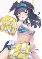 Rule 34 | 1girl, absurdres, animal ears, black hair, blue archive, blue skirt, breasts, cheerleader, crop top, dog ears, dog girl, dog tail, facial mark, goggles, goggles on head, halo, hibiki (blue archive), hibiki (cheer squad) (blue archive), highres, holding, holding pom poms, mashiro latte (msrn39), medium breasts, millennium cheerleader outfit (blue archive), miniskirt, pleated skirt, pom pom (cheerleading), pom poms, purple eyes, skirt, solo, star (symbol), star facial mark, star sticker, sticker on face, sweat, tail, twintails, two-tone skirt, white skirt