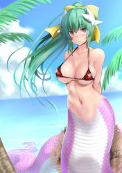 Rule 34 | 1girl, arms behind back, beach, bikini, blush, bow, breasts, cloud, day, fate/grand order, fate (series), female focus, green hair, groin, hair bow, hat, unworn headwear, horns, kirisaki byakko, kiyohime (fate), lamia, large breasts, looking at viewer, monster girl, navel, ocean, outdoors, palm tree, ponytail, smile, solo, straw hat, swimsuit, tree, wind, yellow bow