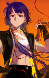 Rule 34 | 1girl, absurdres, arm up, armband, bandaged chest, black hair, bleach, brown eyes, closed mouth, collarbone, collared jacket, detached sleeves, flat chest, hair ribbon, highres, jacket, kuzen, looking at viewer, medium bangs, navel, open clothes, open jacket, orange background, purple hair, red ribbon, ribbon, short hair with long locks, solo, sui-feng, upper body