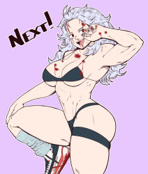 Rule 34 | abs, absurdres, arm up, armpits, bikini, blood, breasts, cleavage, collarbone, cowboy shot, dorohedoro, english text, hand on own knee, highres, joylewds, looking at viewer, loose socks, medium breasts, muscular, muscular female, navel, noi (dorohedoro), open mouth, purple background, red eyes, shoes, simple background, sneakers, socks, spaghetti strap, standing, standing on one leg, swimsuit, t-back spats, teeth, thigh strap, toned, tongue, wavy hair, white hair