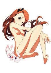 Rule 34 | 1girl, absurdres, barefoot, breasts, brown hair, earrings, feet, female focus, hair ribbon, highres, idolmaster, idolmaster (classic), jewelry, long hair, minase iori, nipples, nishigori atsushi, nude, nude filter, one eye closed, rabbit, red eyes, ribbon, simple background, sitting, small breasts, soles, solo, stuffed animal, stuffed toy, third-party edit, toes, white background, wink