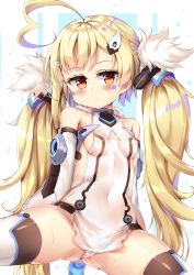 Rule 34 | 1girl, :/, ahoge, arms at sides, arms behind back, asymmetrical bangs, azur lane, bare shoulders, blonde hair, blush, breasts, cameltoe, closed mouth, commentary request, covered collarbone, covered erect nipples, covered navel, detached sleeves, dombear, dress, eldridge (azur lane), expressionless, facial mark, fur trim, gluteal fold, hair ornament, hairclip, half-closed eyes, head tilt, heart, heart ahoge, highres, long hair, long sleeves, looking at viewer, microdress, orange eyes, panties, parted bangs, puffy detached sleeves, puffy long sleeves, puffy sleeves, revision, shiny skin, short dress, sideboob, small breasts, solo, spread legs, sweat, tail, thighhighs, thighs, two-tone background, underwear, upskirt, very long hair, white background, white dress, white panties, white thighhighs