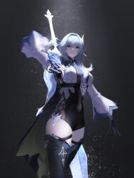Rule 34 | 1girl, absurdres, arm up, black gloves, blue cape, blue hair, boots, breasts, cape, chest harness, cowboy shot, crossed legs, crystal sword, dark background, eula (genshin impact), genshin impact, gloves, greatsword, hair ornament, hand up, harness, high-waist shorts, highres, holding, holding sword, holding weapon, large breasts, light particles, looking at viewer, medium hair, outstretched arm, parted lips, purple eyes, sal (sal487095), shorts, side cape, sidelocks, solo, spotlight, sword, sword behind back, thigh boots, watson cross, weapon, white sleeves, wide sleeves
