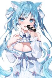 Rule 34 | 1girl, animal ear fluff, animal ears, blue eyes, blue hair, blush, breasts, cat ears, cat girl, cleavage, cleavage cutout, clothing cutout, commission, dress, highres, holding, holding microphone, indie virtual youtuber, large breasts, long hair, long sleeves, microphone, music, open mouth, rojineco nene, shoulder cutout, simple background, singing, skeb commission, smile, solo, soraneko kurumi, sweat, very long hair, virtual youtuber, white background, white dress