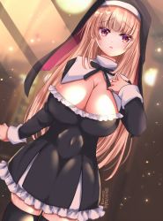 Rule 34 | 1girl, black thighhighs, breasts, character request, cleavage, commentary request, frown, killyutaka, large breasts, long hair, nun, solo, thighhighs, very long hair