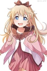 Rule 34 | 1girl, :d, blonde hair, blue eyes, blush, bow, brown bow, brown sailor collar, commentary, dress, hair bow, highres, jacket, long hair, long sleeves, looking at viewer, nanamori school uniform, nnn yryr, open clothes, open jacket, open mouth, pink jacket, pleated dress, red dress, sailor collar, sailor dress, school uniform, shirt, smile, solo, standing, symbol-only commentary, toshinou kyouko, twitter username, white background, white shirt, yuru yuri