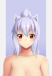 Rule 34 | 1girl, animal ear fluff, animal ears, blush, breasts, closed mouth, collarbone, commentary request, grey background, hair between eyes, long hair, medium breasts, nude, original, out-of-frame censoring, ponytail, purple background, purple hair, red eyes, revision, shachoo., smile, solo, two-tone background, upper body, wolf ears