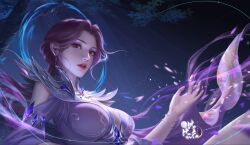 Rule 34 | 1girl, artist request, bibi dong (douluo dalu), bracelet, clothing cutout, douluo dalu, dress, earrings, empress, energy, falling petals, halo, hand up, highres, jewelry, long hair, long sleeves, night, night sky, parted lips, petals, purple dress, purple hair, rattail, second-party source, shoulder cutout, sky, solo, star (sky)