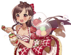 Rule 34 | + +, 1girl, :d, anniversary, antenna hair, apple, apple slice, bare shoulders, belly chain, blush, bow, breasts, brown hair, bubble, cleavage, collarbone, cookie, cream, cup, dot nose, dress, dress bow, earrings, flower, food, frilled dress, frills, fruit, hands up, heart, heart necklace, highres, holding, holding cookie, holding cup, holding food, ice cream, idolmaster, idolmaster cinderella girls, idolmaster cinderella girls starlight stage, jewelry, kei s01, leaf, lens flare, long hair, looking at viewer, medium breasts, mint, necklace, nut (food), open mouth, pink nails, plaid, plaid dress, red bow, red dress, red eyes, simple background, sleeveless, sleeveless dress, smile, solo, sundae, tsujino akari, white background, white flower