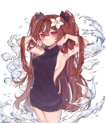 Rule 34 | 1girl, armpits, arms up, backless outfit, bare arms, bare shoulders, black sweater, breasts, brown hair, closed mouth, cowboy shot, dress, expressionless, fiji (vtuber), flower, hair flower, hair ornament, hair ribbon, highres, indie virtual youtuber, long hair, looking at viewer, medium breasts, meme attire, multicolored hair, no bra, red eyes, ribbon, sideboob, simple background, solo, standing, streaked hair, sweater, sweater dress, thighs, two side up, very long hair, virgin killer sweater, virtual youtuber, water, white background, yoclesh