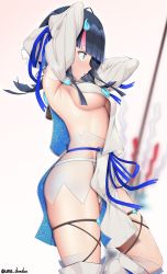 Rule 34 | 1girl, armpits, arms behind head, arms up, bare shoulders, black hair, blue eyes, blue ribbon, blurry, blush, breasts, depth of field, fate/grand order, fate/requiem, fate (series), fundoshi, japanese clothes, large breasts, long sleeves, magatama, medium hair, multicolored hair, pink hair, polearm, ribbon, seigaiha, sideboob, sidelocks, simple background, spear, streaked hair, thighs, two-sided fabric, two-sided skirt, unadon, utsumi erice, weapon, white background, white legwear