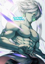 Rule 34 | 1boy, abs, absurdres, closed mouth, colored skin, dragon ball, dragon ball super, earrings, fused zamasu, green skin, halo, highres, hydeover9000, jewelry, male focus, muscular, muscular male, pants, pectorals, potara earrings, solo, topless male, torn clothes, white hair
