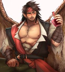 Rule 34 | 1boy, abs, alex (cerealex), bandages, bara, beard, belt, bottle, brown eyes, brown hair, bulge, facial hair, feathered wings, fire emblem, fire emblem heroes, headband, highres, large pectorals, male focus, manly, muscular, mustache, nintendo, nipples, open mouth, pants, pectorals, pointy ears, scar, smile, solo, tibarn (fire emblem), wings