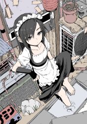 Rule 34 | 1girl, absurdres, air conditioner, apron, barefoot, black dress, black gloves, black hair, chain-link fence, commentary request, day, dress, elbow gloves, fence, fingerless gloves, flower pot, frilled apron, frills, from above, gloves, grey eyes, highres, lantern, long hair, looking away, maid, maid headdress, original, outdoors, paper lantern, plant, potted plant, shirt, short sleeves, sitting, sleeveless, sleeveless dress, soaking feet, solo, tape, waist apron, water, white apron, white shirt, yamamoto souichirou