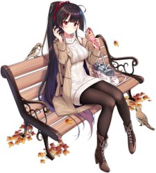 Rule 34 | 1girl, agano (azur lane), agano (dating game?) (azur lane), aran sweater, autumn leaves, azur lane, bag, bare shoulders, bench, bird, blush, boots, bow, breasts, brown coat, brown hair, brown pantyhose, cable knit, coat, crepe, dress, food, hair bow, hecha (01964237), high heel boots, high heels, highres, jacket, large breasts, leaf, long hair, long sleeves, looking at viewer, maple leaf, off shoulder, official alternate costume, official art, open clothes, open coat, pantyhose, park bench, red eyes, sitting, sleeveless, smile, solo, sweater, sweater dress, thighhighs, transparent background, turret, turtleneck, turtleneck sweater, very long hair