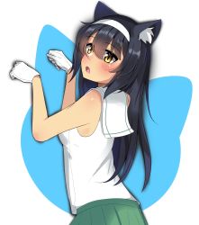Rule 34 | 1girl, absurdres, adapted costume, animal print, black hair, blouse, blush, brown eyes, cat print, commentary, fang, from side, girls und panzer, gloves, green skirt, hairband, highres, kshimu, long hair, looking at viewer, looking back, one-hour drawing challenge, ooarai school uniform, open mouth, paw pose, pleated skirt, reizei mako, sailor collar, school uniform, serafuku, shirt, skirt, sleeveless, sleeveless shirt, solo, standing, upper body, white gloves, white hairband, white sailor collar, white shirt