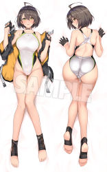 Rule 34 | 1girl, ahoge, alternate costume, ass, azur lane, back, baltimore (azur lane), bare shoulders, black gloves, black hair, black jacket, blush, bob cut, braid, breasts, brown hair, collarbone, commentary request, competition swimsuit, covered navel, facing viewer, fingerless gloves, from behind, full body, gloves, gluteal fold, hair between eyes, halcon, half gloves, highleg, highleg swimsuit, highres, jacket, large breasts, looking at viewer, looking to the side, lying, off shoulder, on back, on stomach, one-piece swimsuit, open clothes, open jacket, open mouth, partially fingerless gloves, sample watermark, short hair, side braid, simple background, solo, swimsuit, thigh gap, thighs, toes, watermark, white background, white one-piece swimsuit, yellow eyes